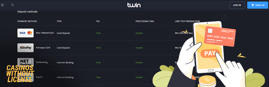 Banking options at twin casino banner