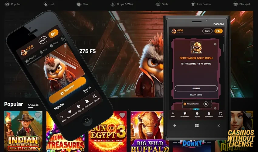 Mobile and tablet gambling experience at Hugo Casino