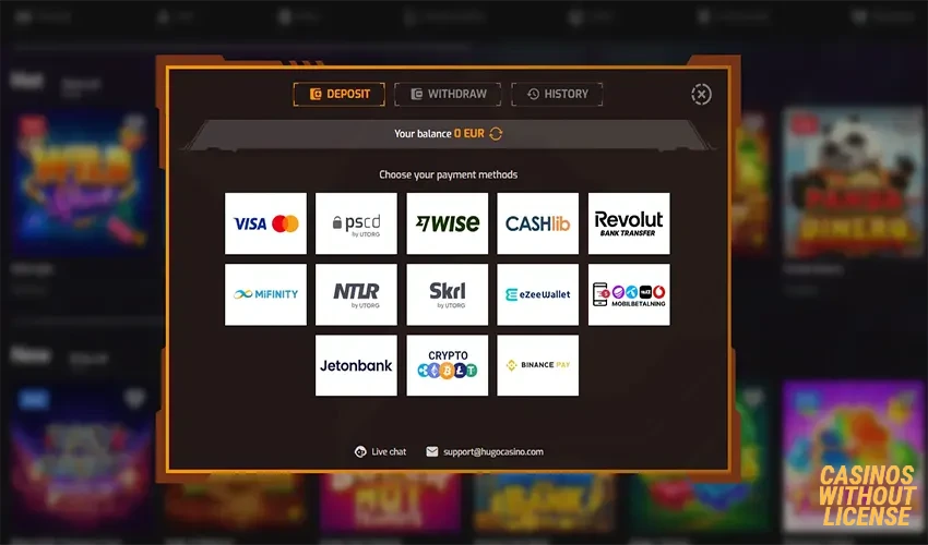 Payments for deposit and withdrawals at Hugo Casino