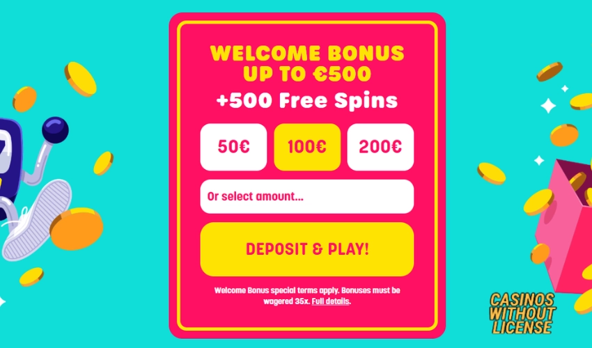 Bonuses and Promotions include 500 euros welcome bonus and 500 free spins